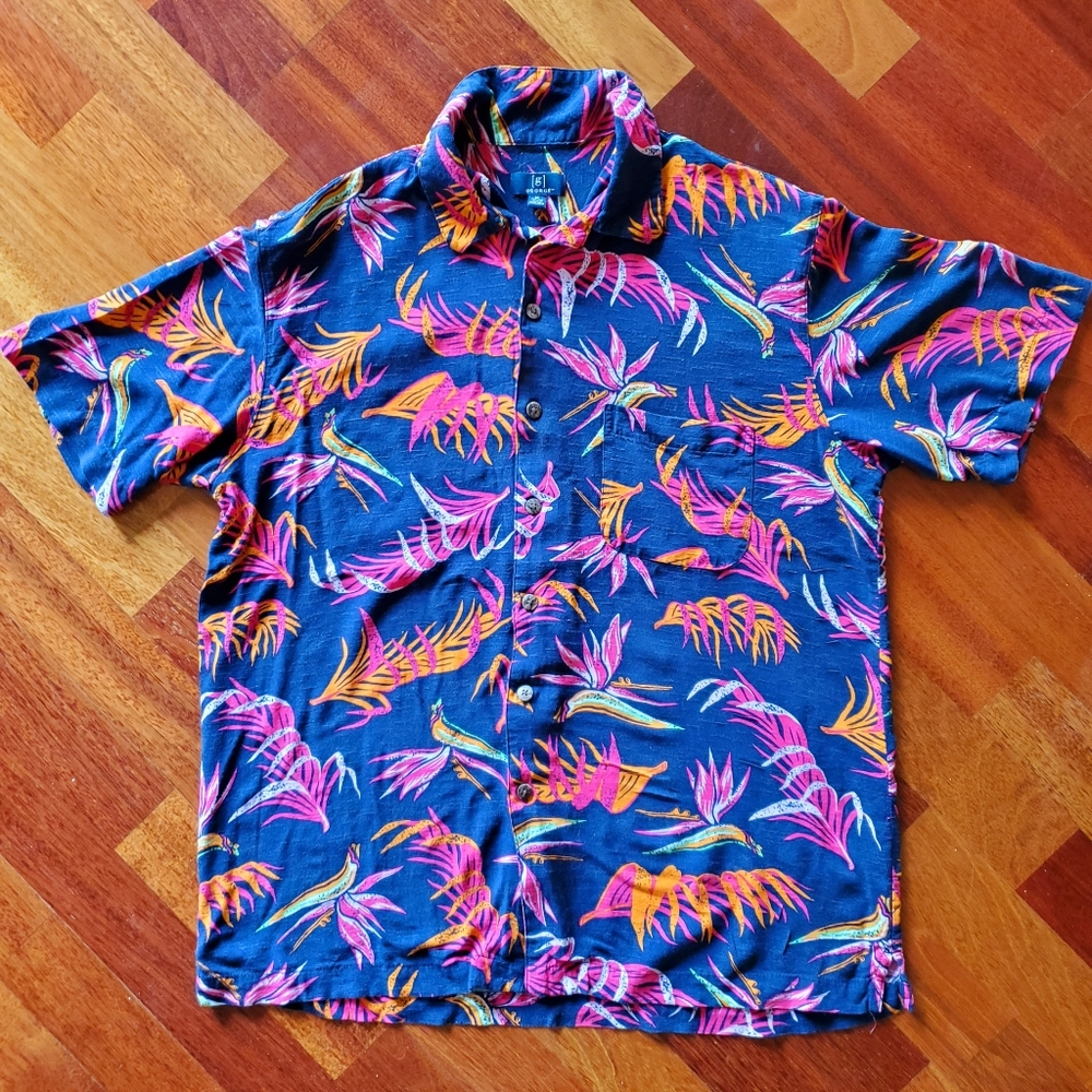 GEORGE Blue Orange and Pink Hawaiian Button Up